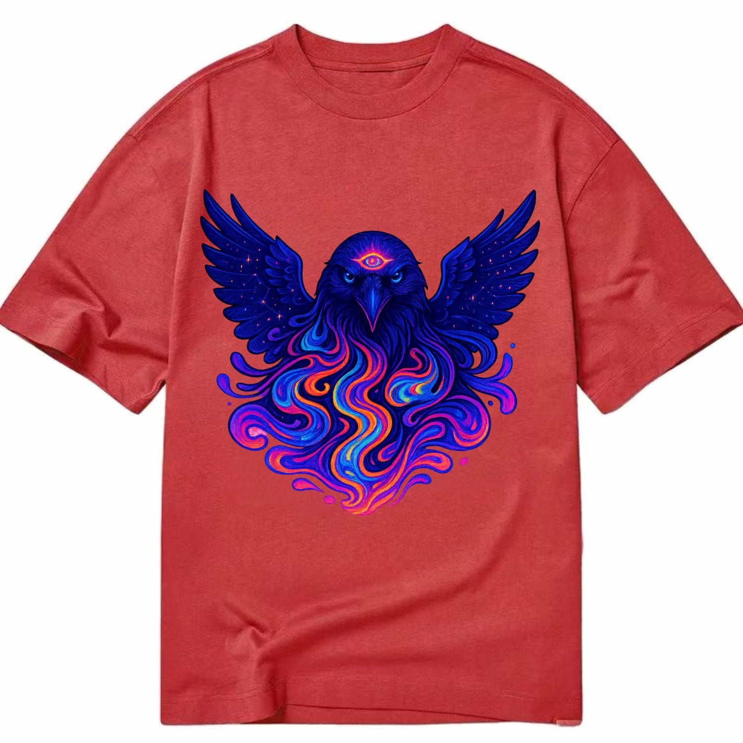 Mysterious raven with feathers showing future visions in neon colors, wings - Classic T-shirt - Red