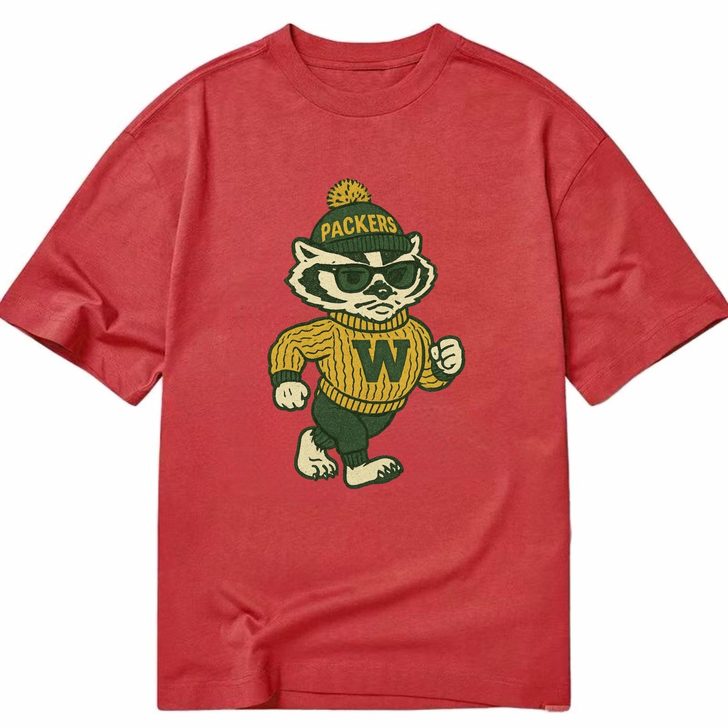 Wisconsin Badger wearing Packers green and gold beanie with pom pom and wayfarer - Classic T-shirt - Red