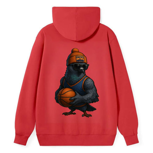 Manhattan Pigeon wearing Knicks beanie with skyline patch and wayfarer - Classic Pullover Hoodie - Red