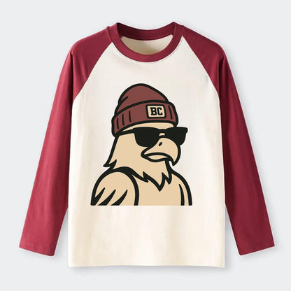 Chestnut Hill Eagle wearing Boston College beanie with BC patch - Raglan Long Sleeve T-Shirt - Red