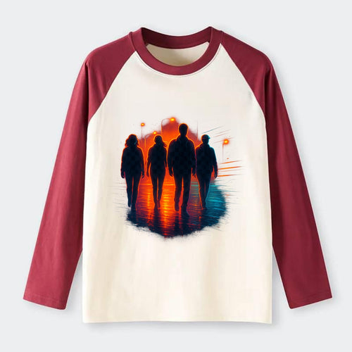 gang of silhouettes walking together at sunset by the beach - Raglan Long Sleeve T-Shirt