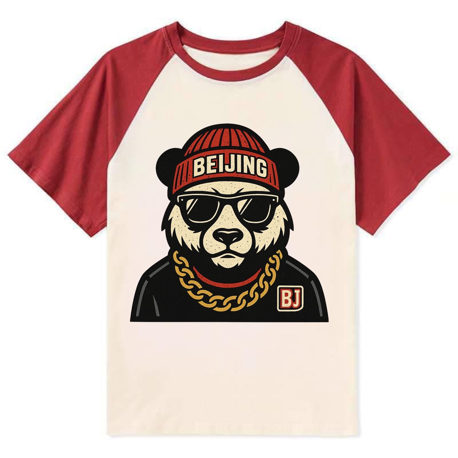 Beijing Panda - Contrast Raglan T-shirt - Red
