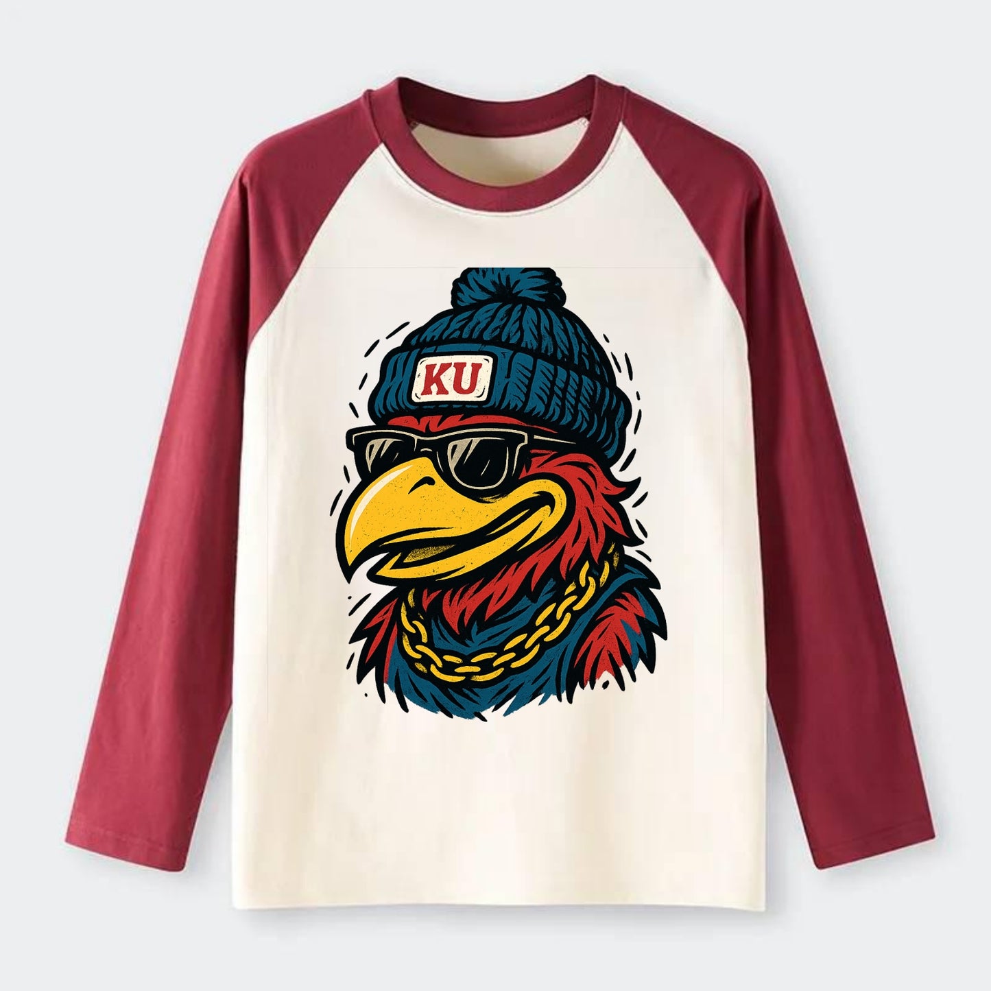 Lawrence Jayhawk wearing Kansas beanie with KU patch - Raglan Long Sleeve T-Shirt - Red