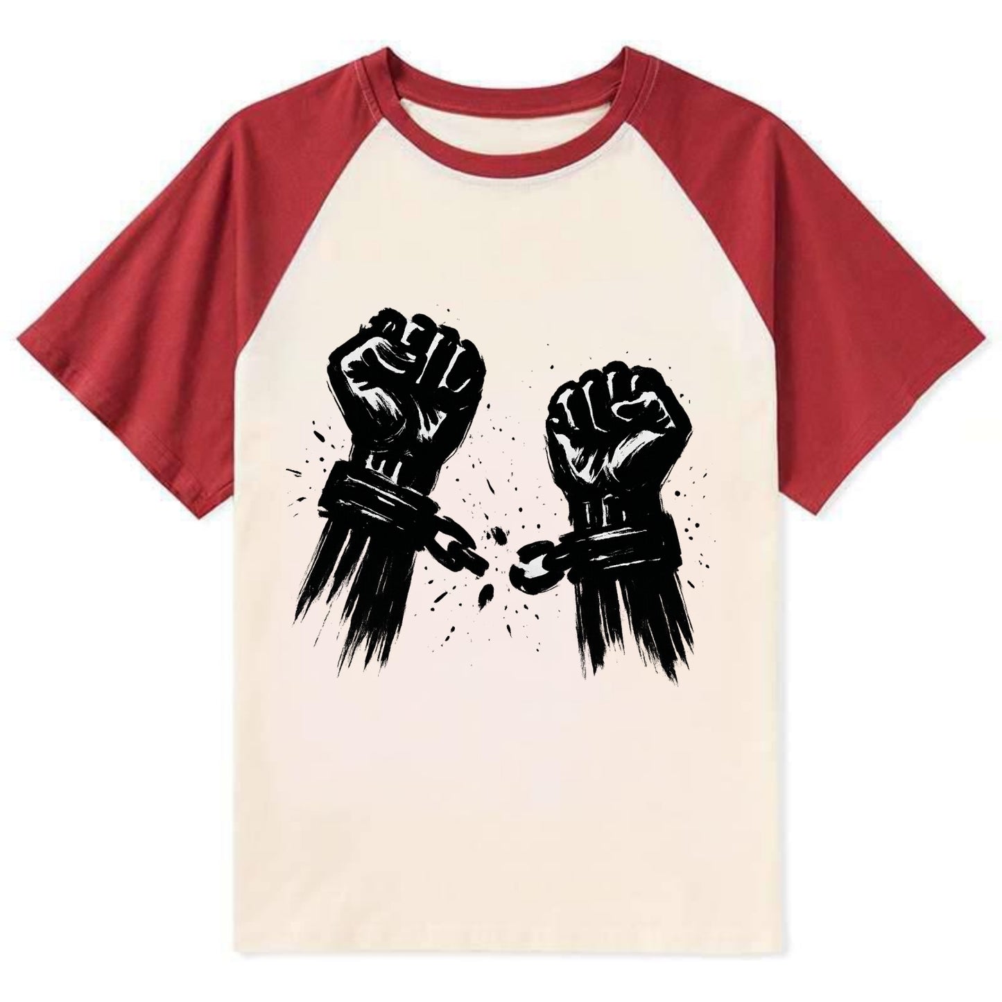 Two raised fists breaking chains - liberation and freedom ink painting - Contrast Raglan T-shirt - Red