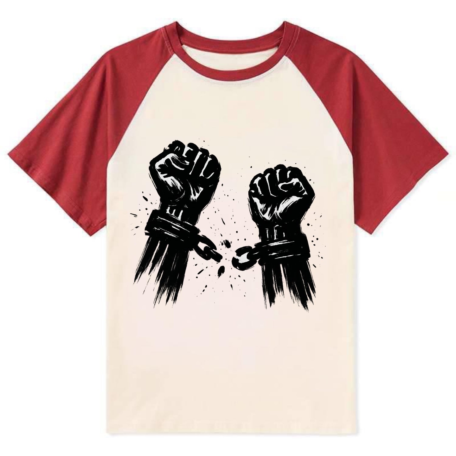 Two raised fists breaking chains - liberation and freedom ink painting - Contrast Raglan T-shirt - Red
