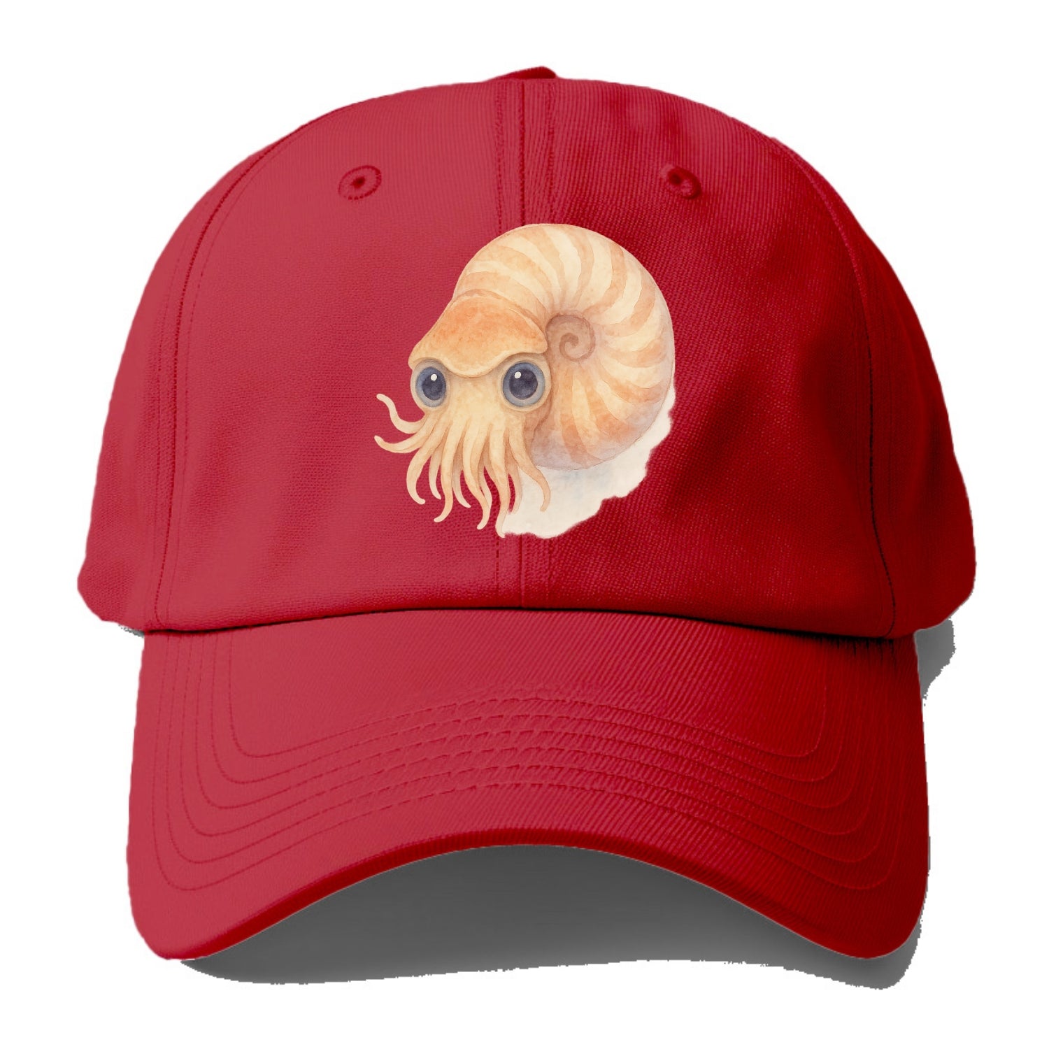 Baby Nautilus - spiral shell, tentacles peeking, ancient eyes, front-facing, living - Baseball Cap - Red