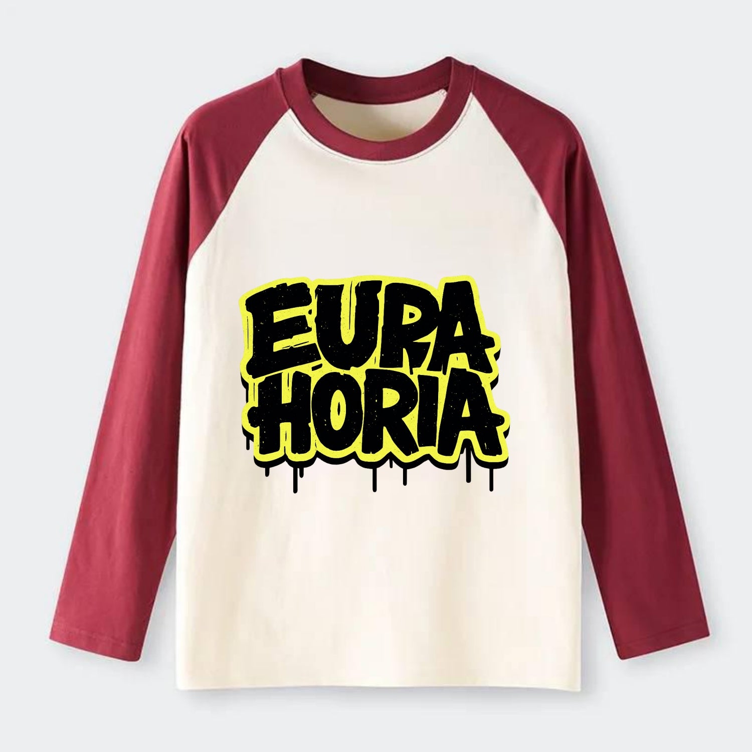 Bold typography design - "EUPHORIA" - intense happiness, ecstasy - Raglan Long Sleeve T-Shirt - Red