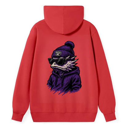 Fort Worth Horned Frog wearing TCU beanie with frog patch - Classic Pullover Hoodie - Red