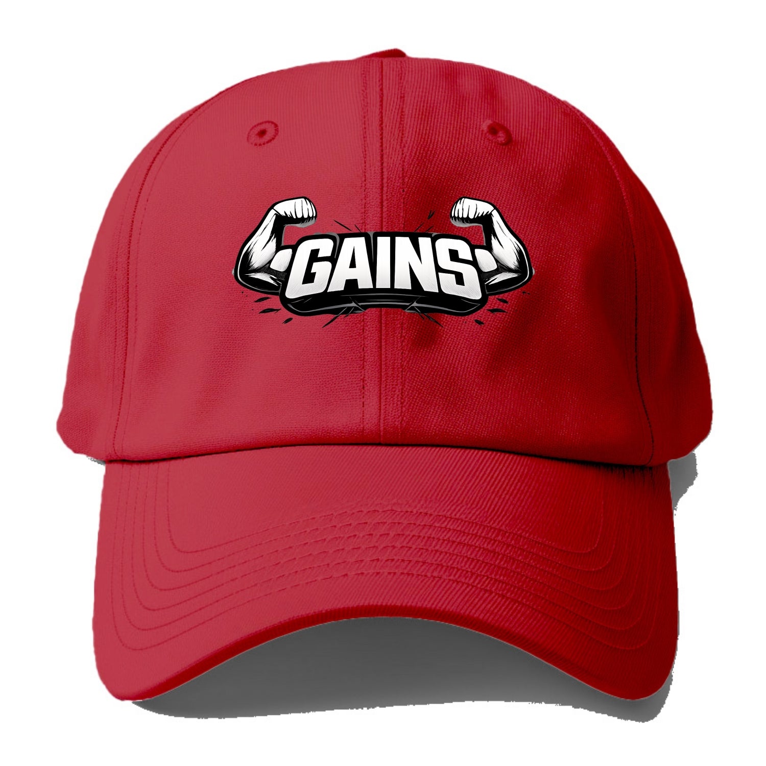 Bold typography design - "GAINS" - muscle growth, progress visible - Baseball Cap - Red