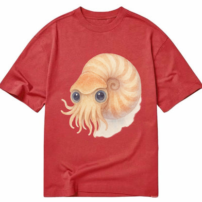 Baby Nautilus - spiral shell, tentacles peeking, ancient eyes, front-facing, - Classic T-shirt - Red