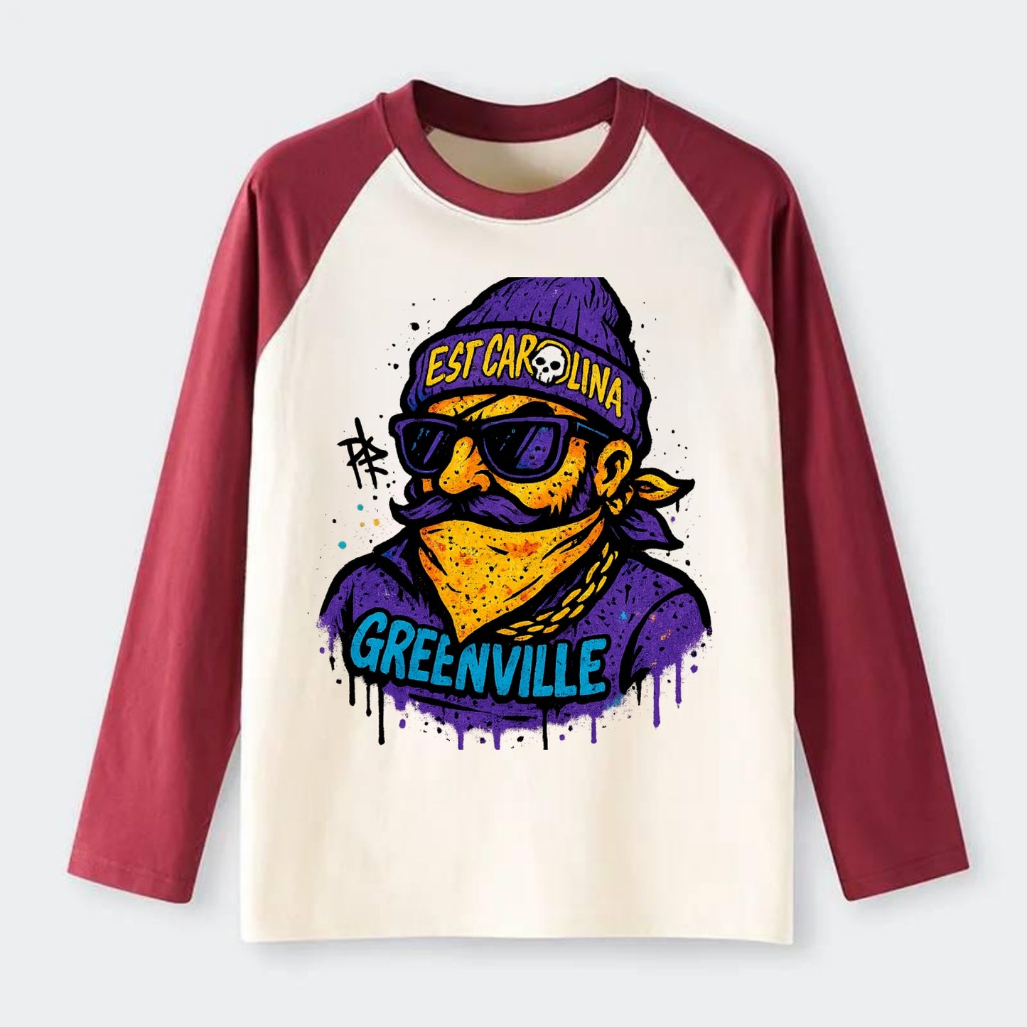 Greenville Pirate wearing East Carolina beanie with skull patch - Raglan Long Sleeve T-Shirt - Red