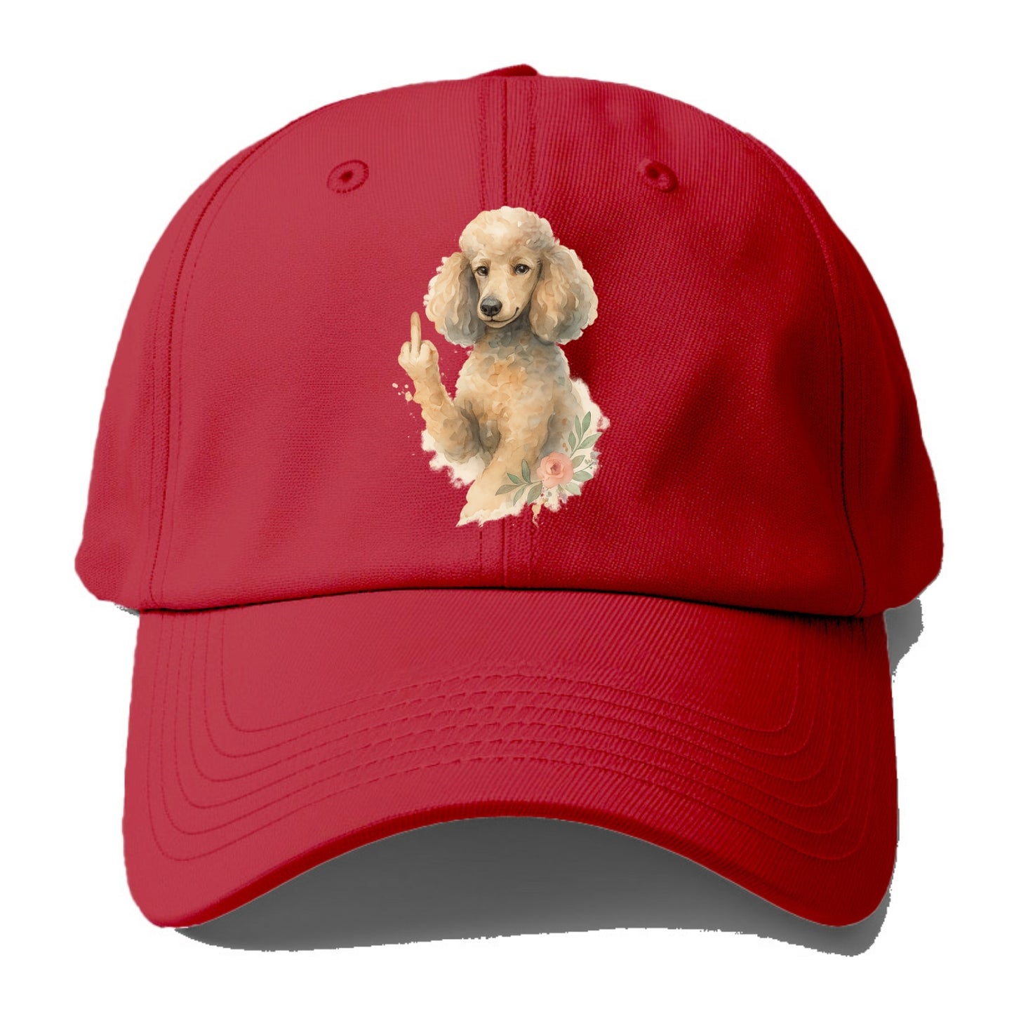 Standard Poodle with curly styled coat, intelligent face, fancy paw giving finger - Baseball Cap - Red