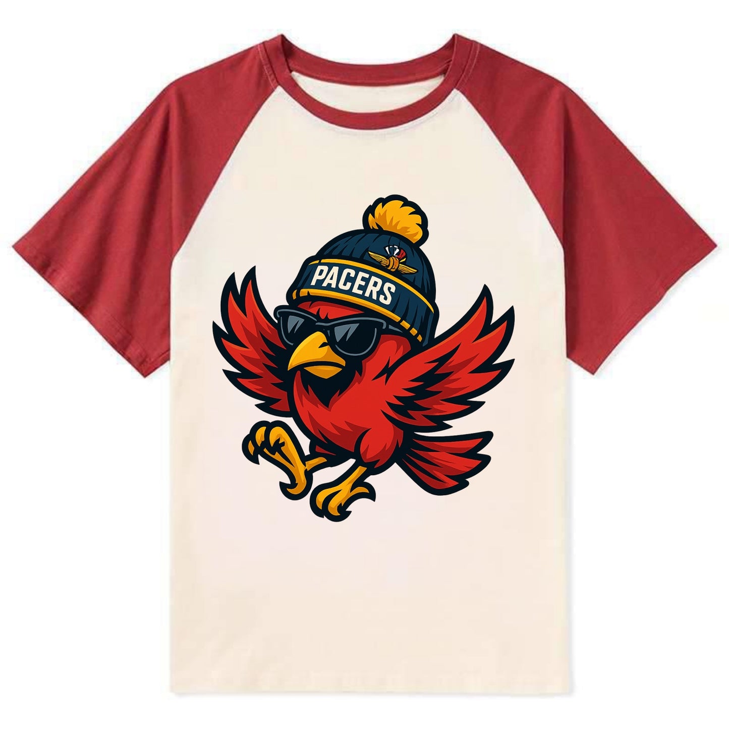 Indiana Cardinal wearing Pacers beanie with speedway patch and wayfarer - Contrast Raglan T-shirt - Red