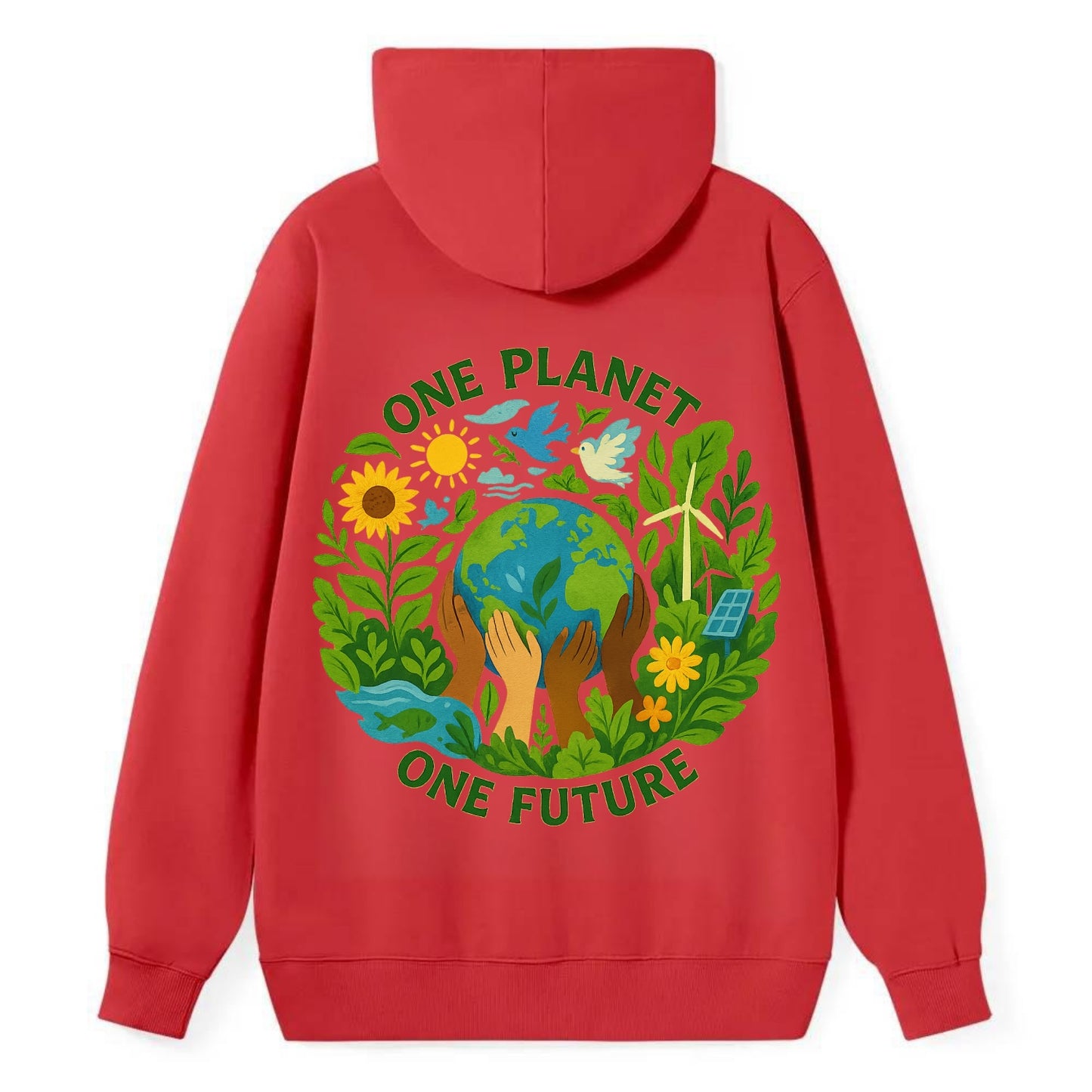 Globe surrounded by hands of all colors working together - "One Planet, - Classic Pullover Hoodie - Red