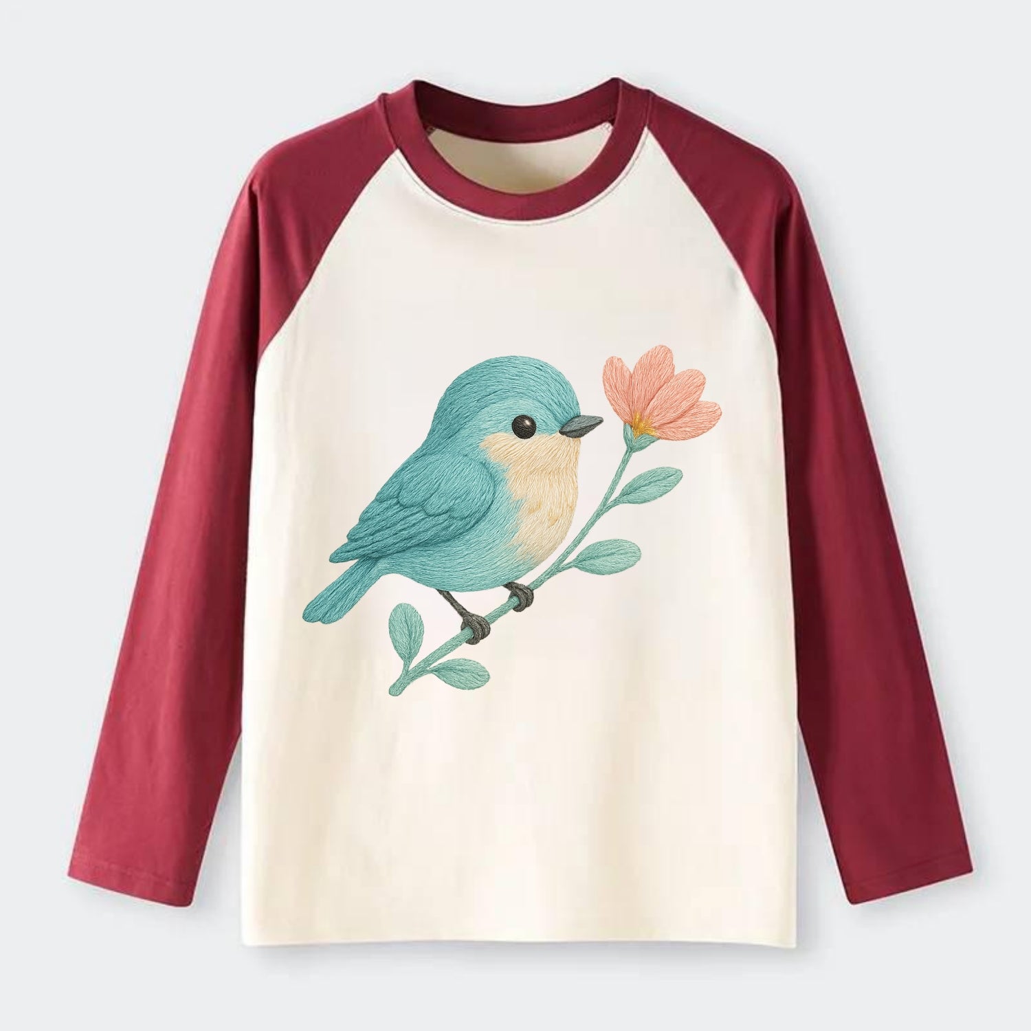 Aqua Chickadee - Raglan Long Sleeve T-Shirt - Red