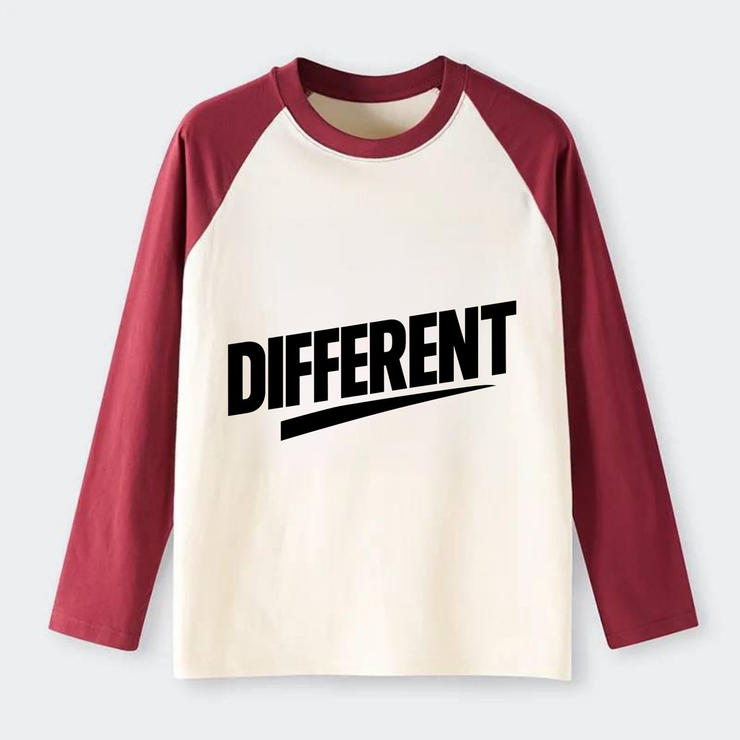 Bold typography design - "DIFFERENT" - standing out, not following - Raglan Long Sleeve T-Shirt - Red