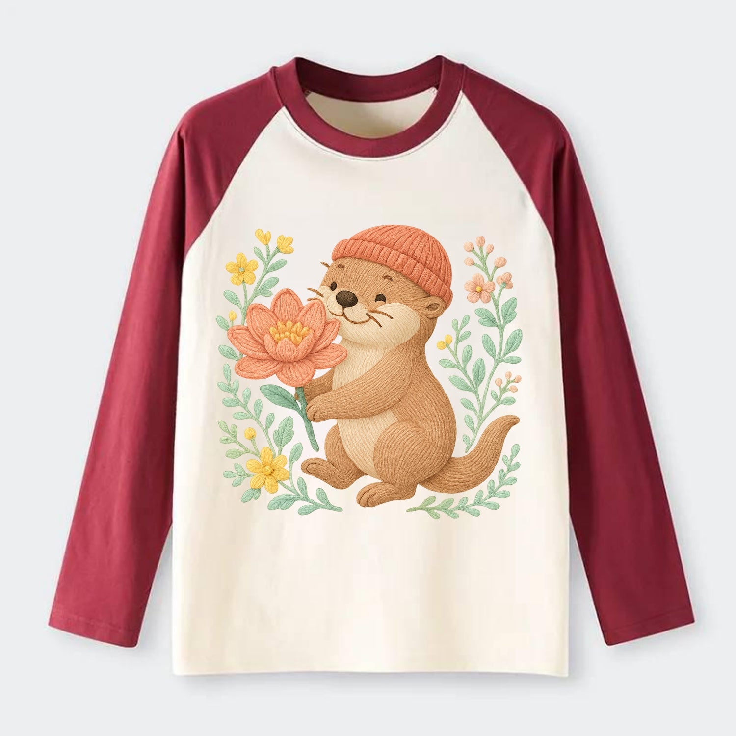 Peach Otter - Raglan Long Sleeve T-Shirt - Red