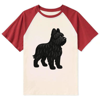 Briard - Black wavy coat embroidered herding pose - Contrast Raglan T-shirt - Red