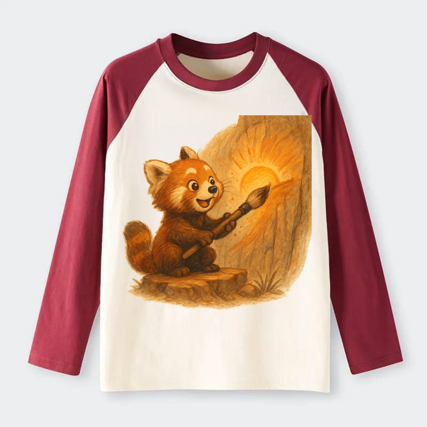 Red panda painting a sunrise mural with an oversized calligraphy brush - Raglan Long Sleeve T-Shirt - Red