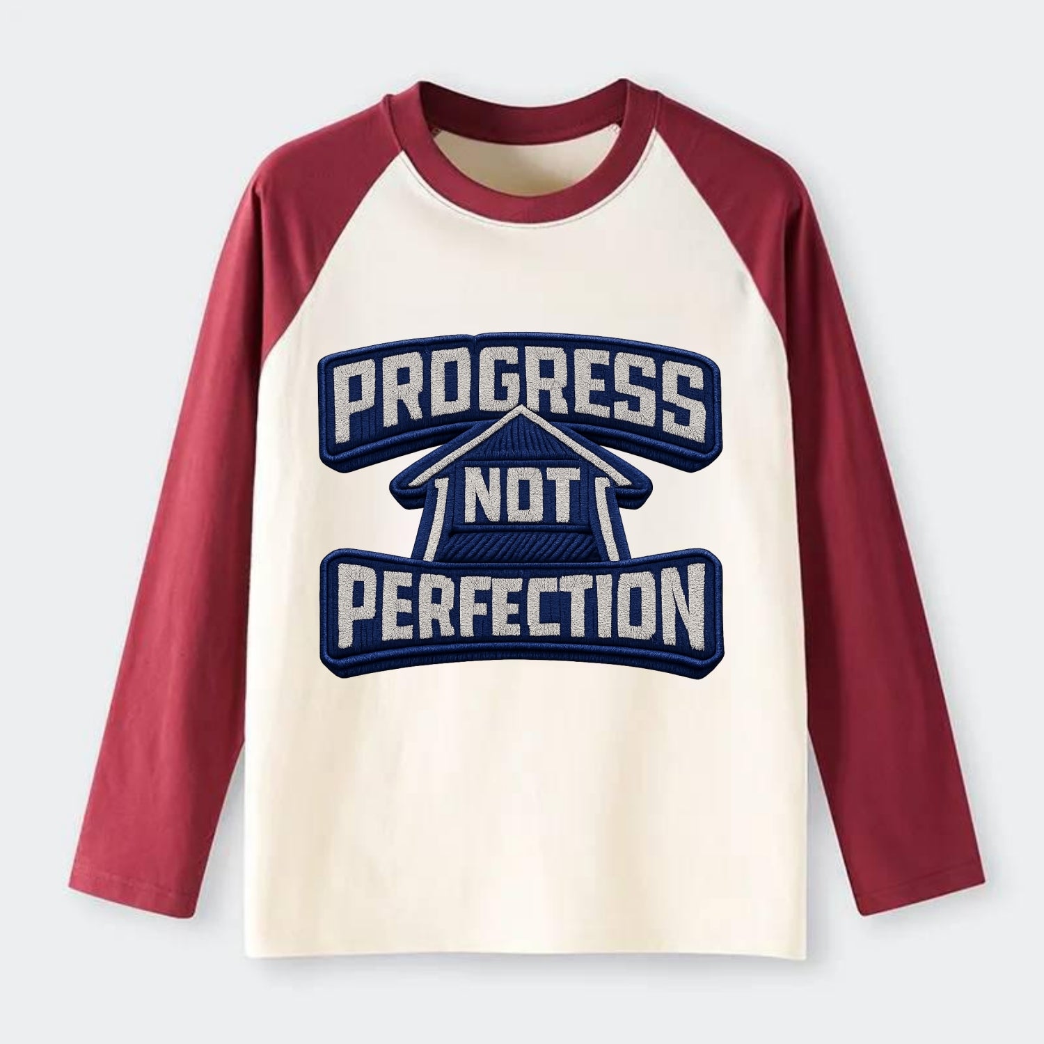 PROGRESS NOT PERFECTION - arrow with text in blue , growth mindset - Raglan Long Sleeve T-Shirt - Red