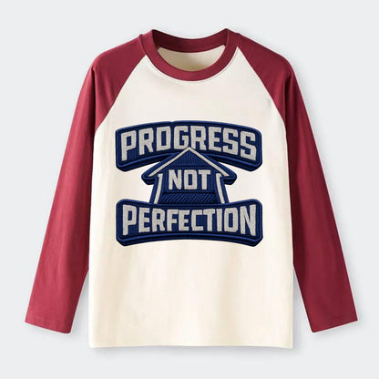 PROGRESS NOT PERFECTION - arrow with text in blue , growth mindset - Raglan Long Sleeve T-Shirt - Red