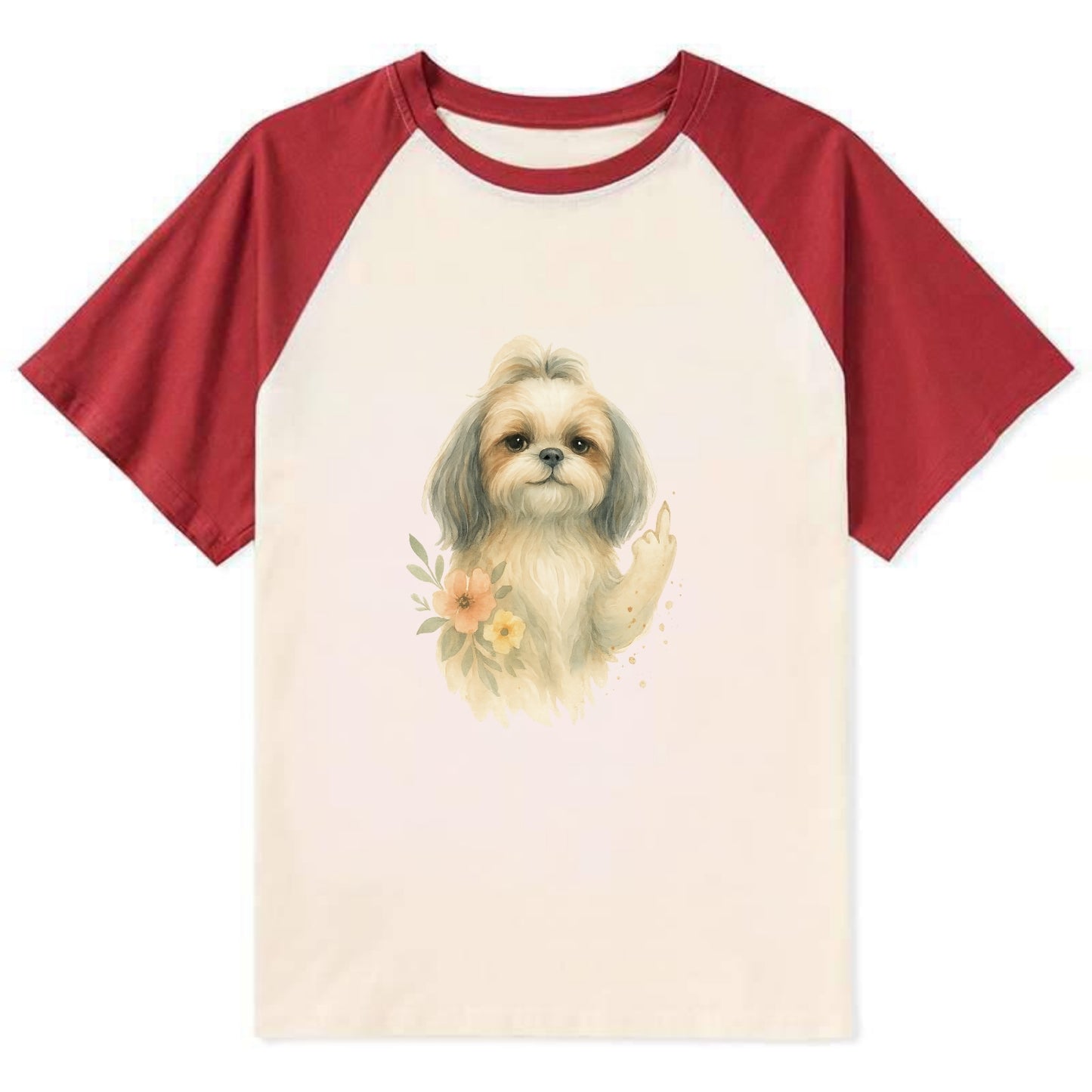 Shih Tzu with long flowing silky hair, tiny paw showing attitude - Contrast Raglan T-shirt - Red