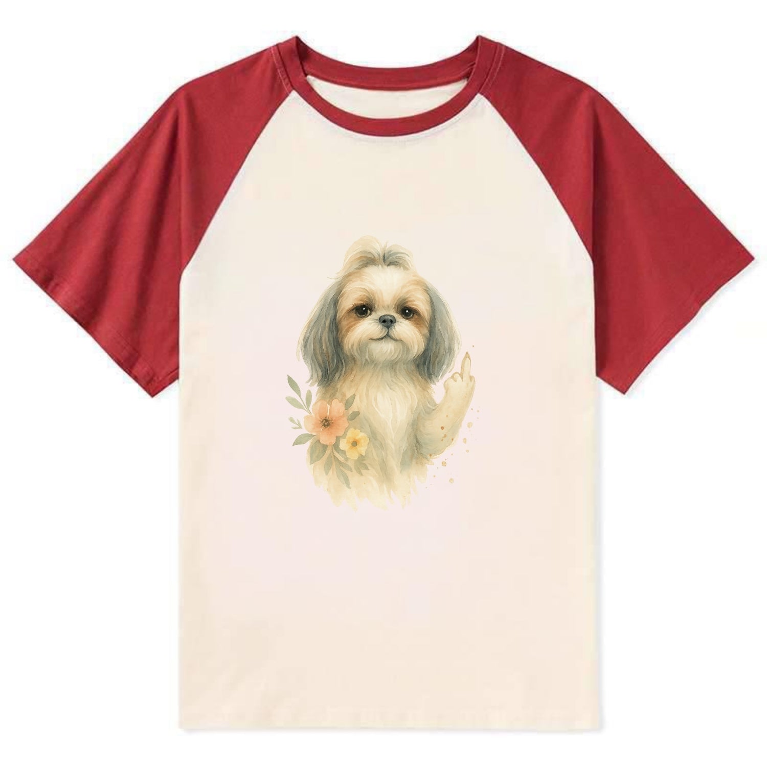 Shih Tzu with long flowing silky hair, tiny paw showing attitude - Contrast Raglan T-shirt - Red