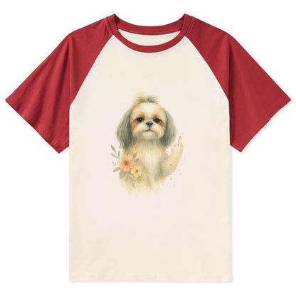 Shih Tzu with long flowing silky hair, tiny paw showing attitude - Contrast Raglan T-shirt - Red