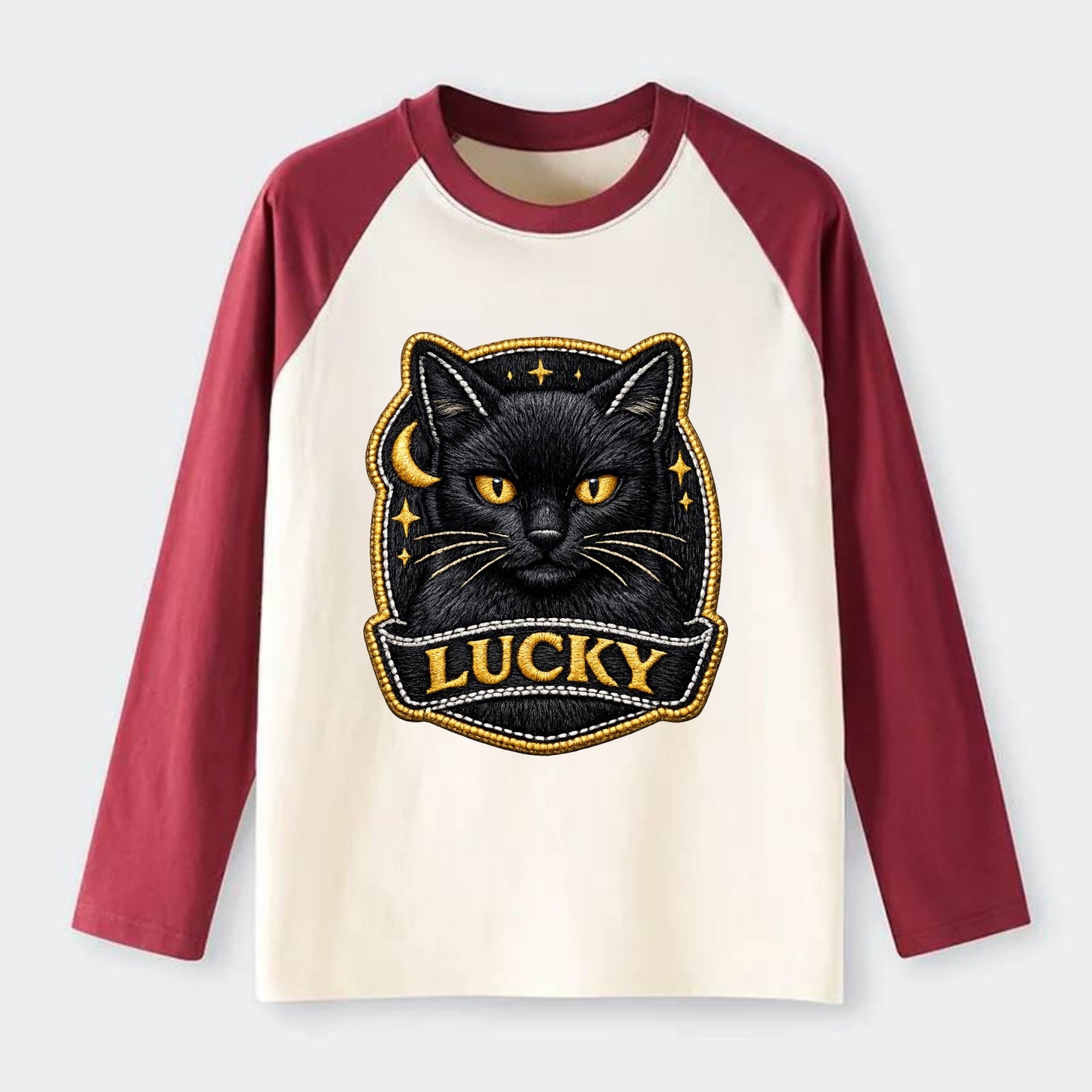 BLACK CAT LUCKY - sleek black cat with gold eyes in black , mysterious - Raglan Long Sleeve T-Shirt - Red