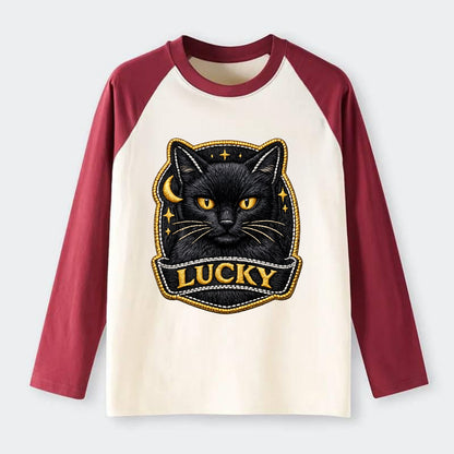 BLACK CAT LUCKY - sleek black cat with gold eyes in black , mysterious - Raglan Long Sleeve T-Shirt - Red