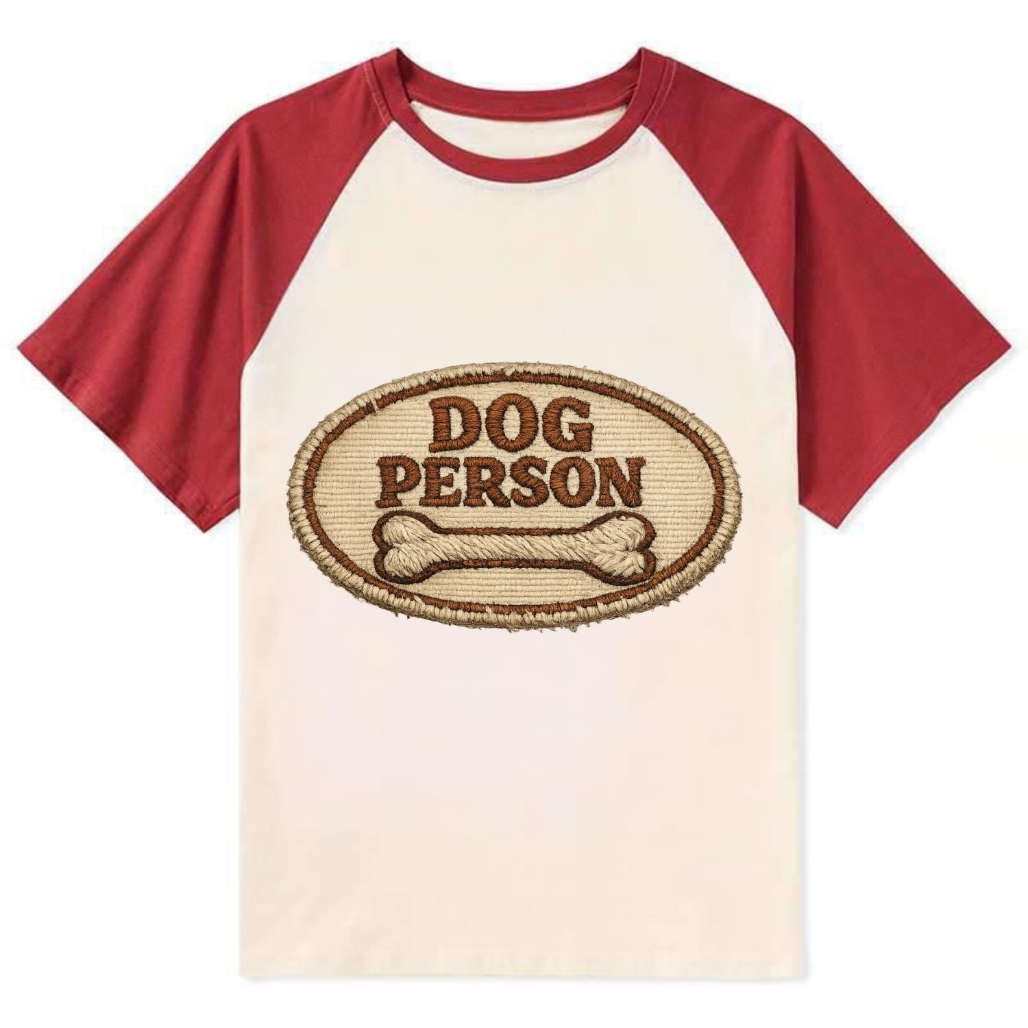 DOG PERSON - simple text with bone in brown , team dog - Contrast Raglan T-shirt - Red