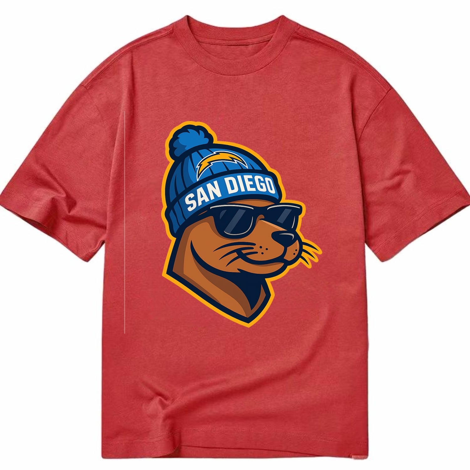 San Diego Sea Lion wearing Chargers beanie with bolt patch and wayfarer sunglasses - Classic T-shirt - Red