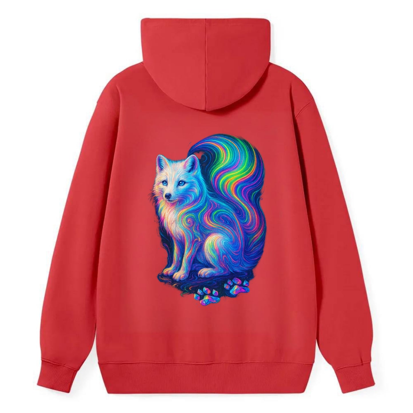 Graceful arctic fox with tail streaming aurora colors, white fur with - Classic Pullover Hoodie - Red