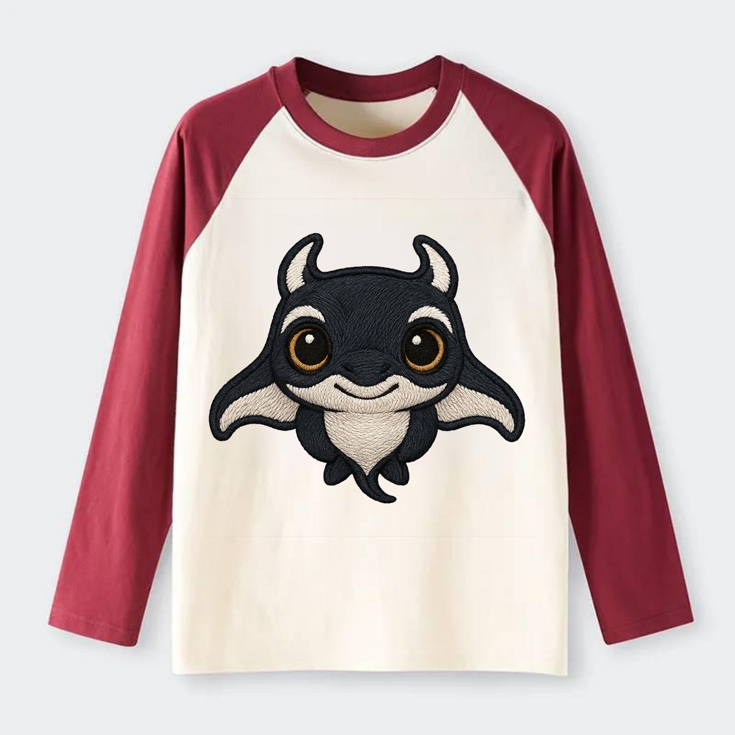Baby Manta Ray - dark with white markings, cephalic fins, gentle eyes, - Raglan Long Sleeve T-Shirt - Red
