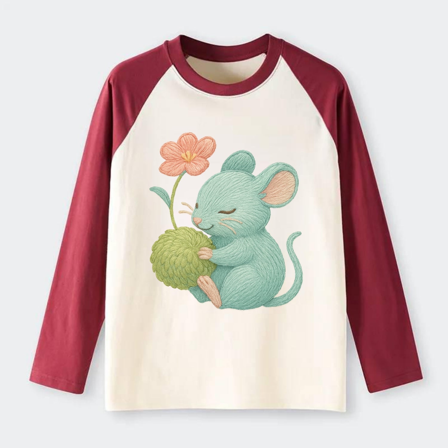 Mint Mouse - Raglan Long Sleeve T-Shirt - Red