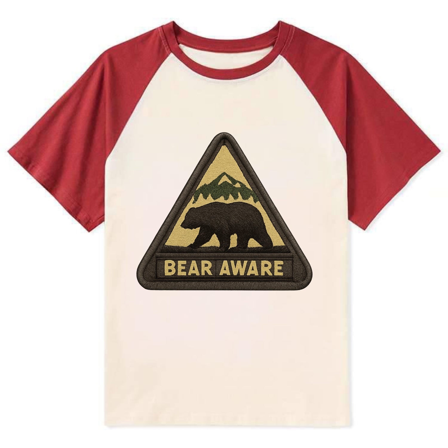 BEAR AWARE - bear silhouette warning in brown and yellow , wilderness - Contrast Raglan T-shirt - Red