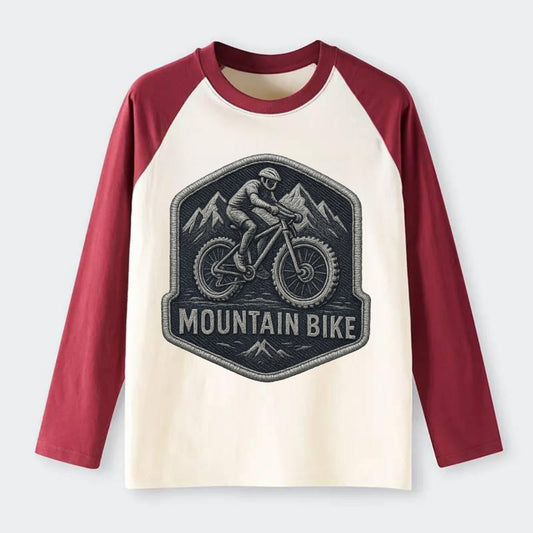 Mountain bike with rugged tires - cyclist badge - Raglan Long Sleeve T-Shirt - Red
