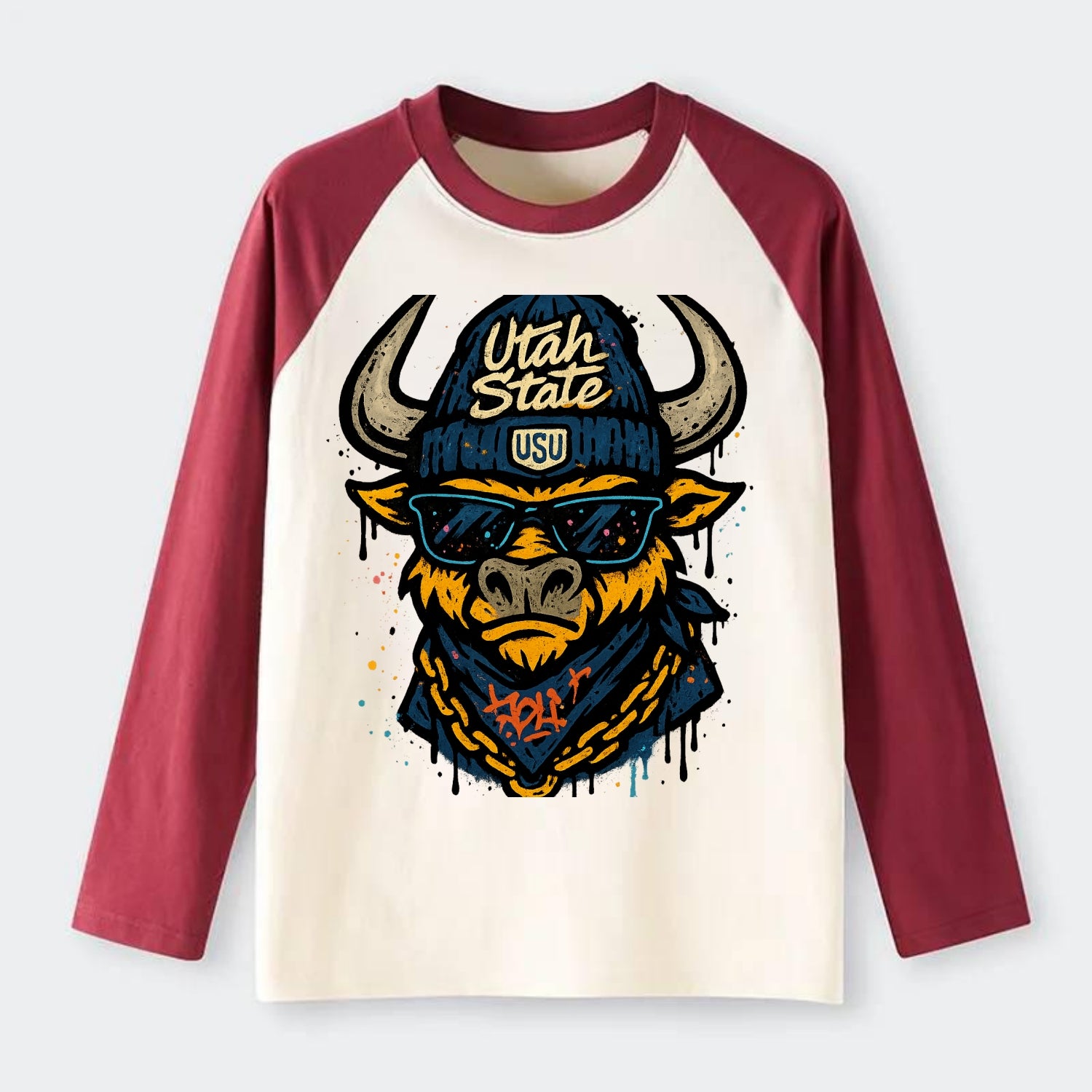 Logan Aggie wearing Utah State beanie with USU patch - Raglan Long Sleeve T-Shirt - Red