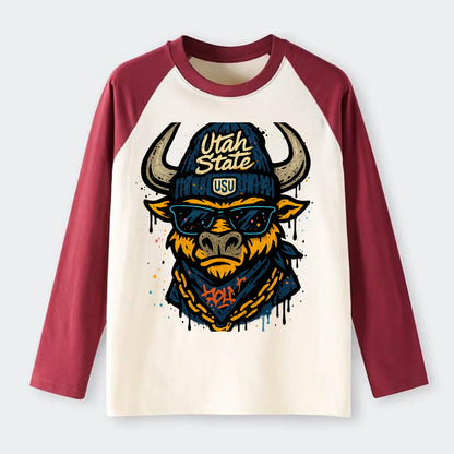 Logan Aggie wearing Utah State beanie with USU patch - Raglan Long Sleeve T-Shirt - Red