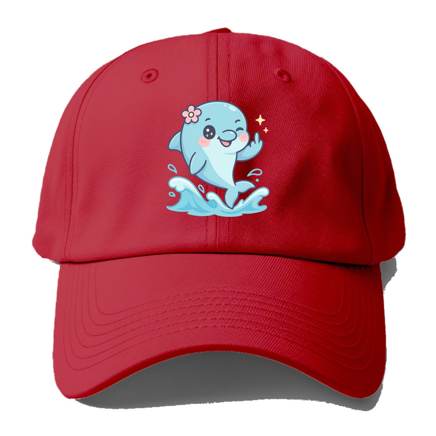 smiling dolphin jumping through ocean waves, one fin up with attitude - Baseball Cap - Red