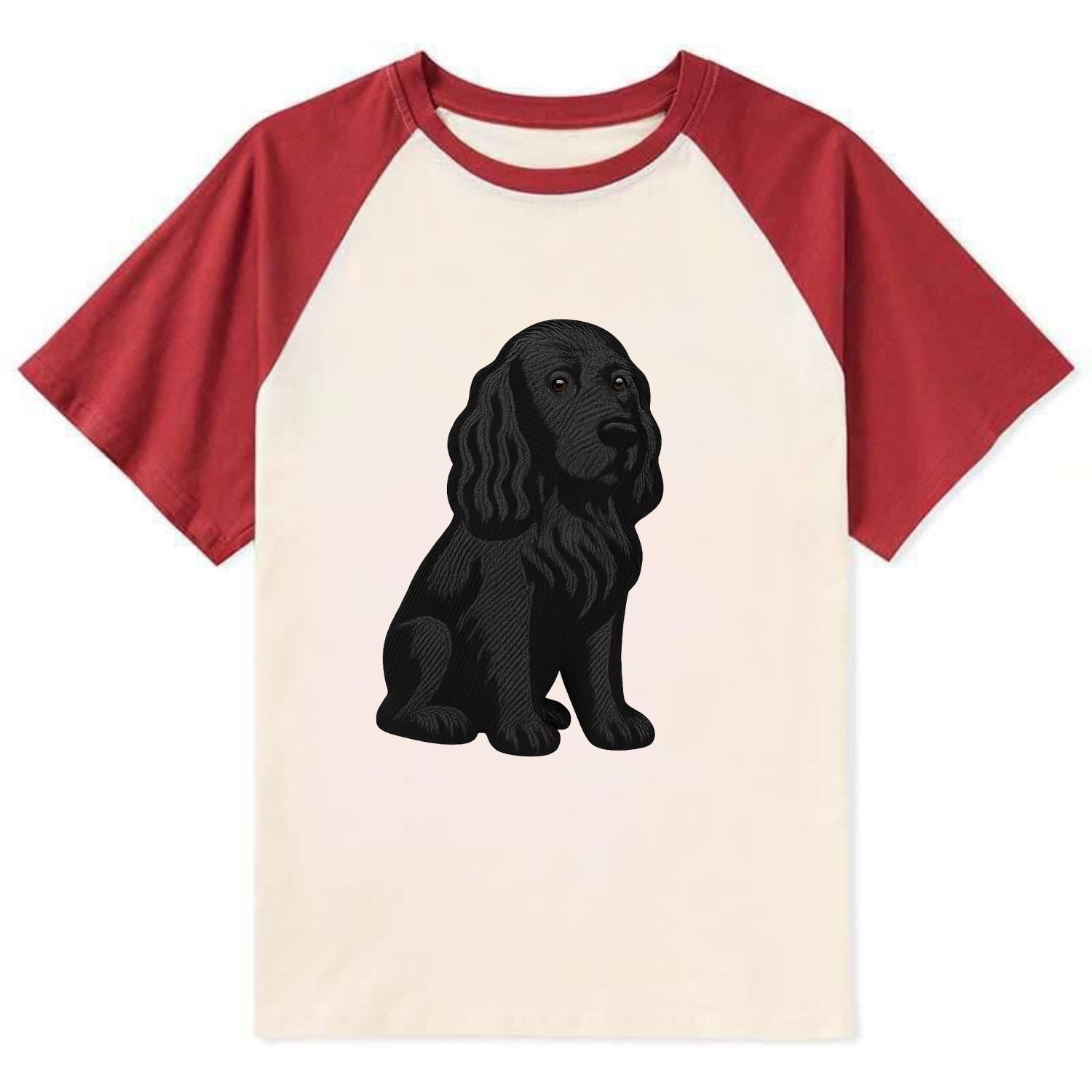 Field Spaniel - Black silky coat embroidered pose - Contrast Raglan T-shirt - Red