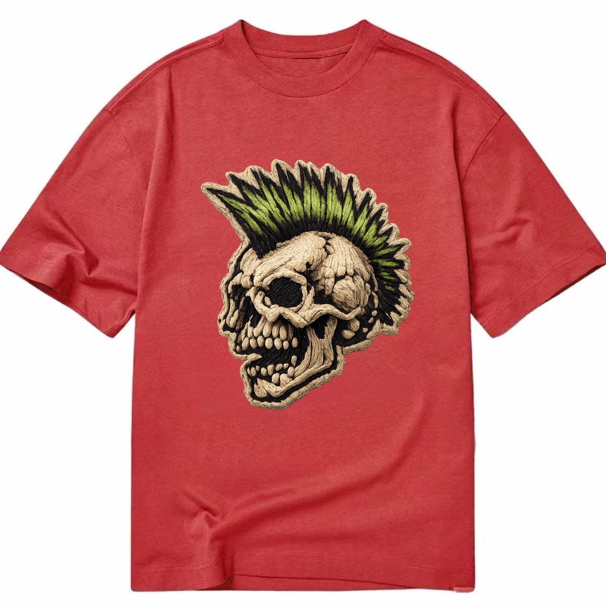 MOHAWK SKULL - punk skull with mohawk in neon green and black , punk rock - Classic T-shirt - Red