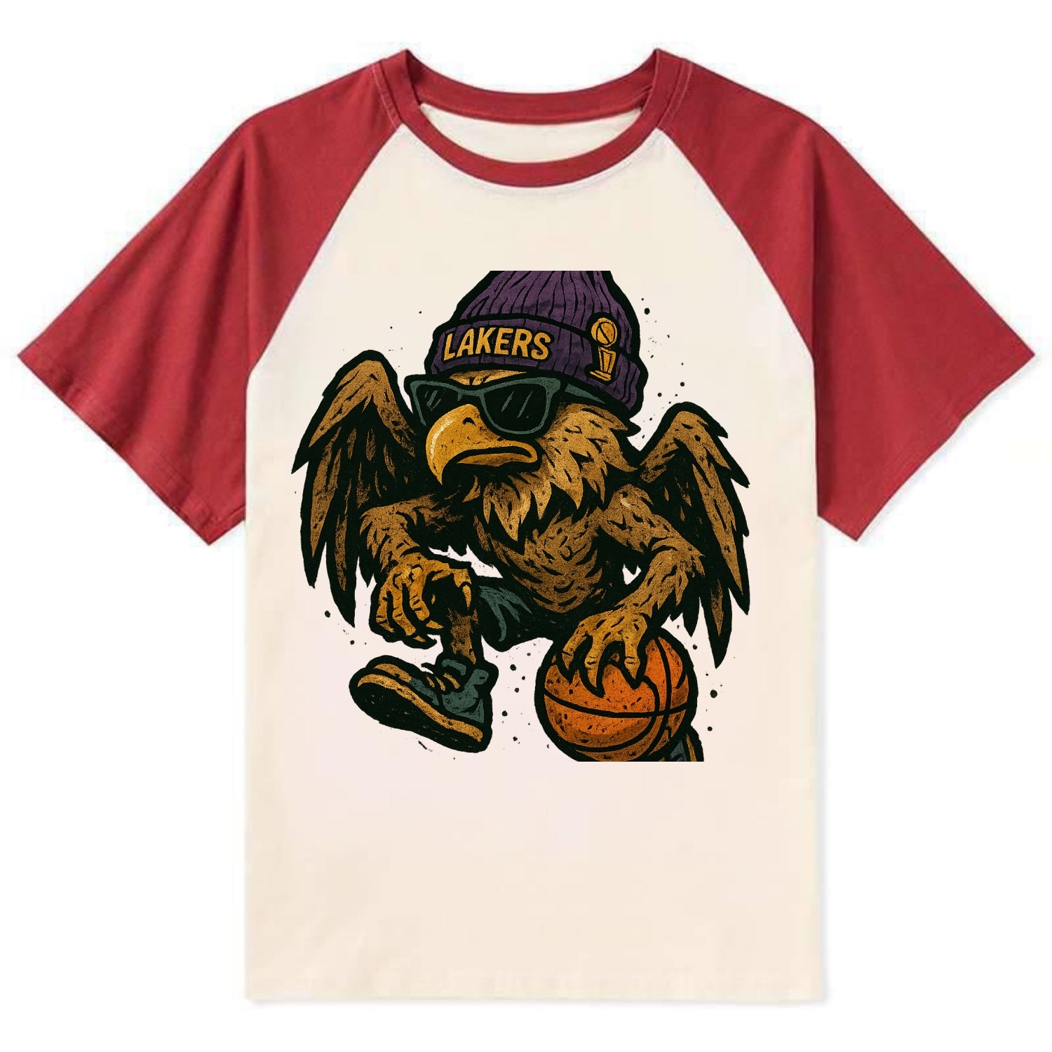 Los Angeles Golden Eagle wearing Lakers beanie with trophy patch and - Contrast Raglan T-shirt - Red