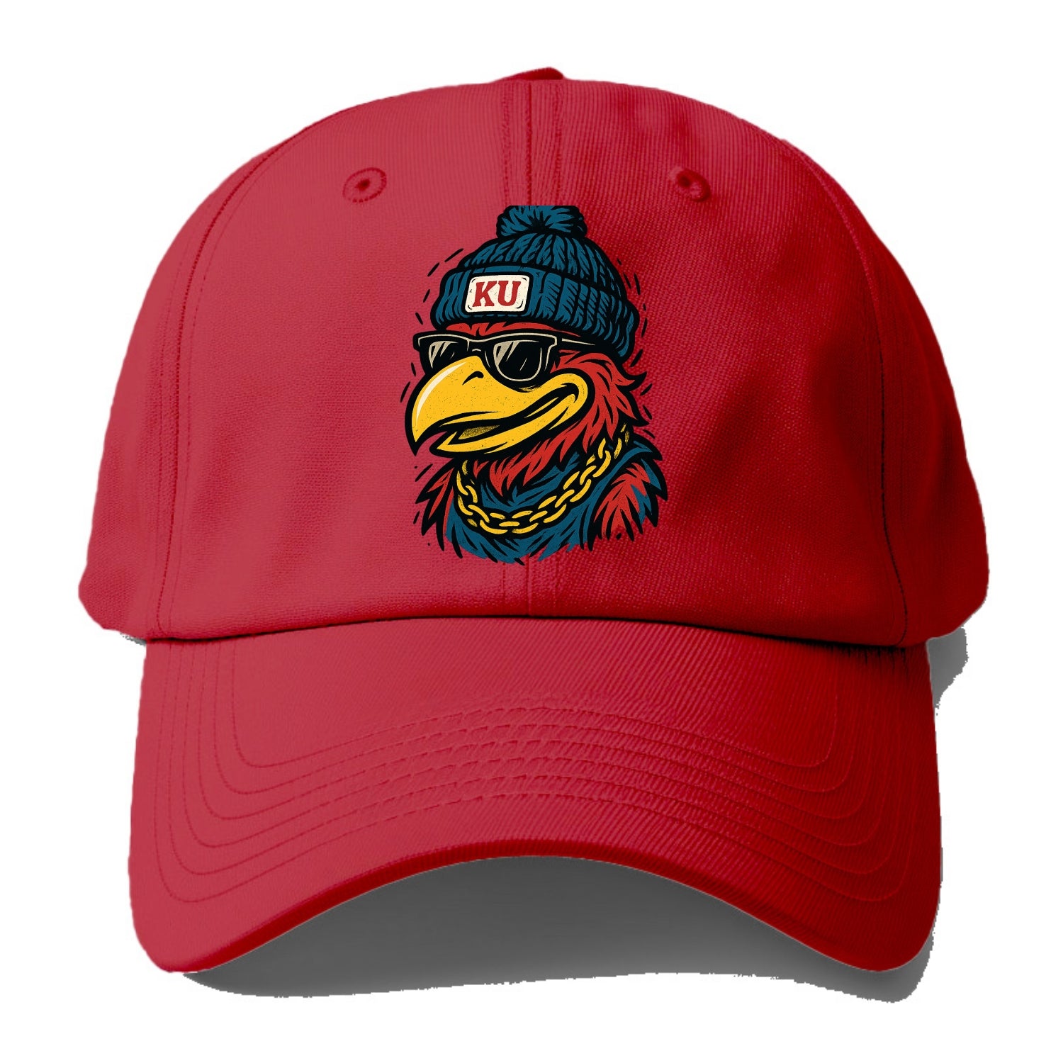 Lawrence Jayhawk wearing Kansas beanie with KU patch - Baseball Cap - Red