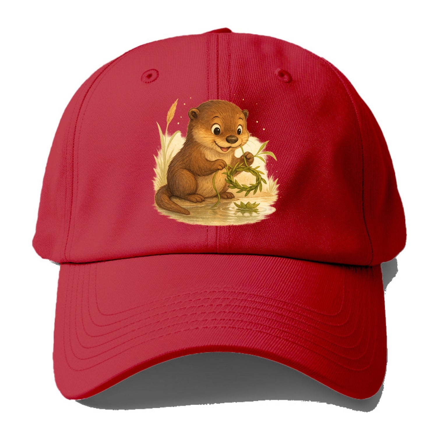 Otter weaving river reeds into a floating crown beside mirror-still water - Baseball Cap - Red