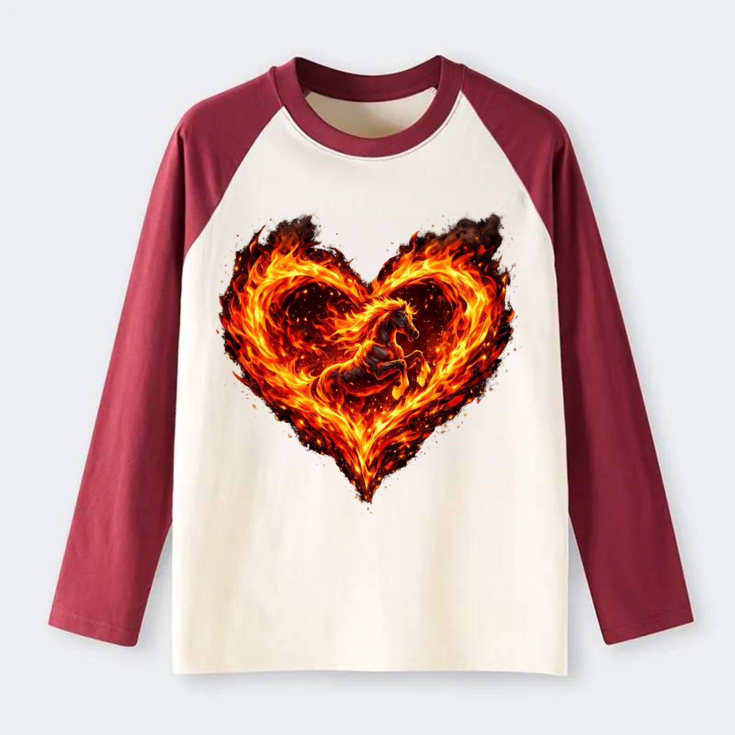 HEART OF FIRE | Flaming heart with horse silhouette inside | Passion - Raglan Long Sleeve T-Shirt - Red