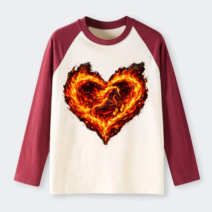 HEART OF FIRE | Flaming heart with horse silhouette inside | Passion - Raglan Long Sleeve T-Shirt - Red