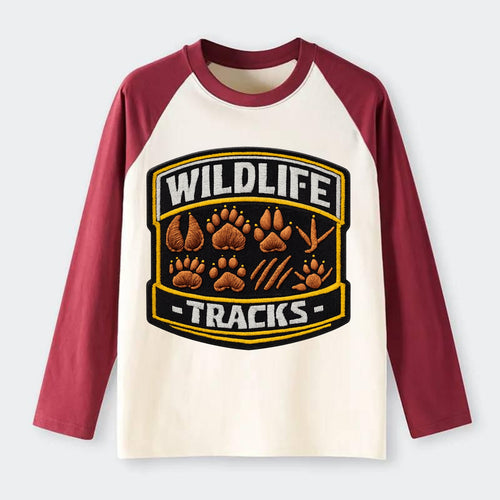 WILDLIFE TRACKS - animal footprints in brown , tracker - Raglan Long Sleeve T-Shirt