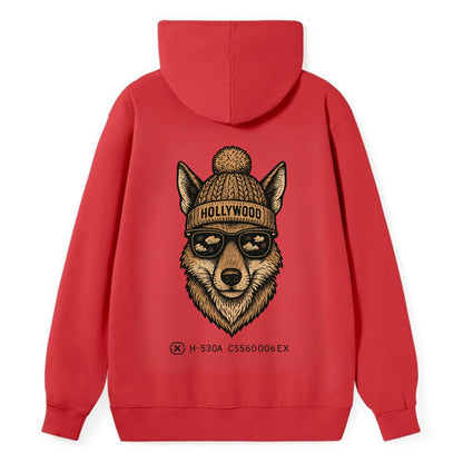 LA Coyote wearing Hollywood beanie with pom pom and wayfarer sunglasses - Classic Pullover Hoodie - Red