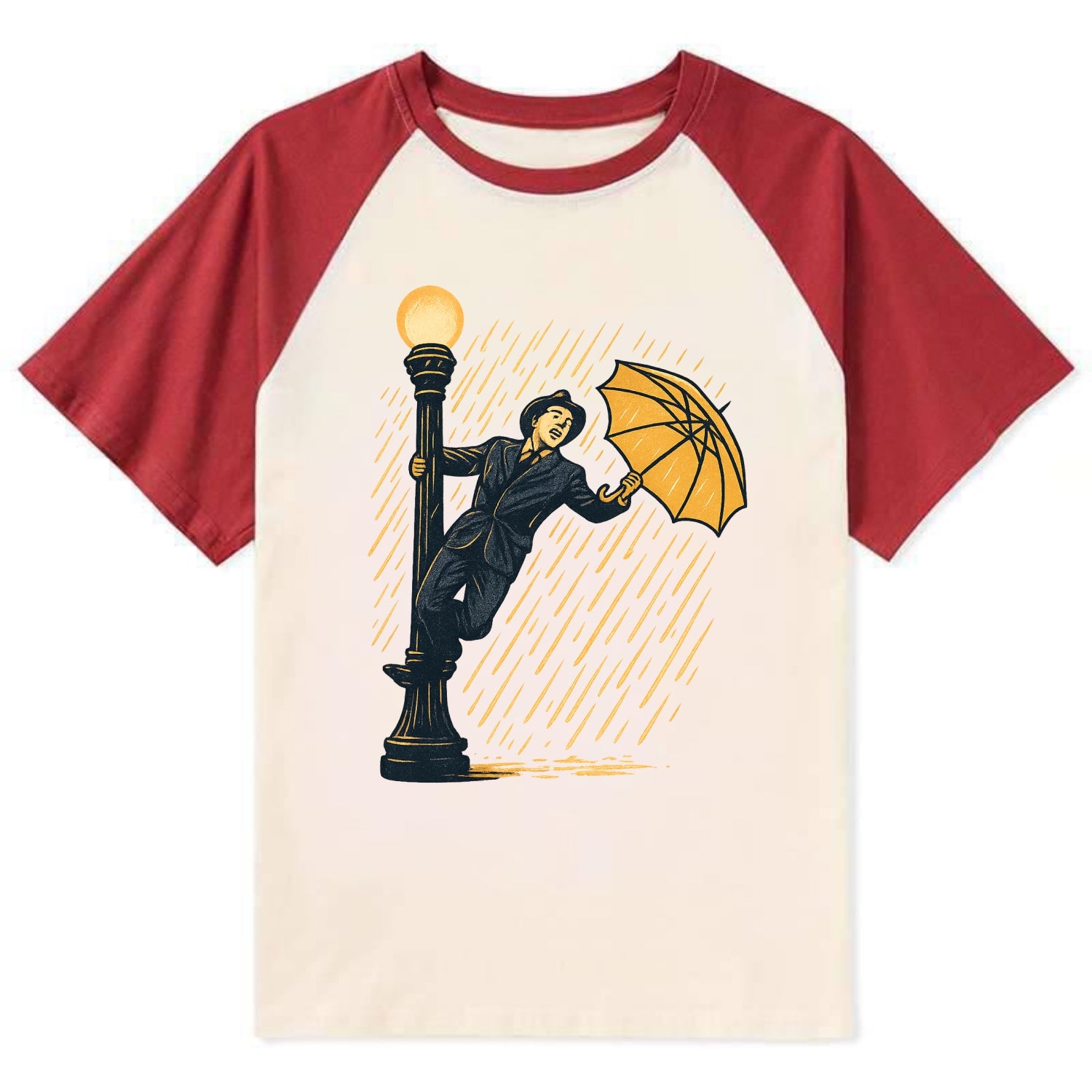 joyful dancing on lamppost in heavy rain with big smile - Contrast Raglan T-shirt - Red